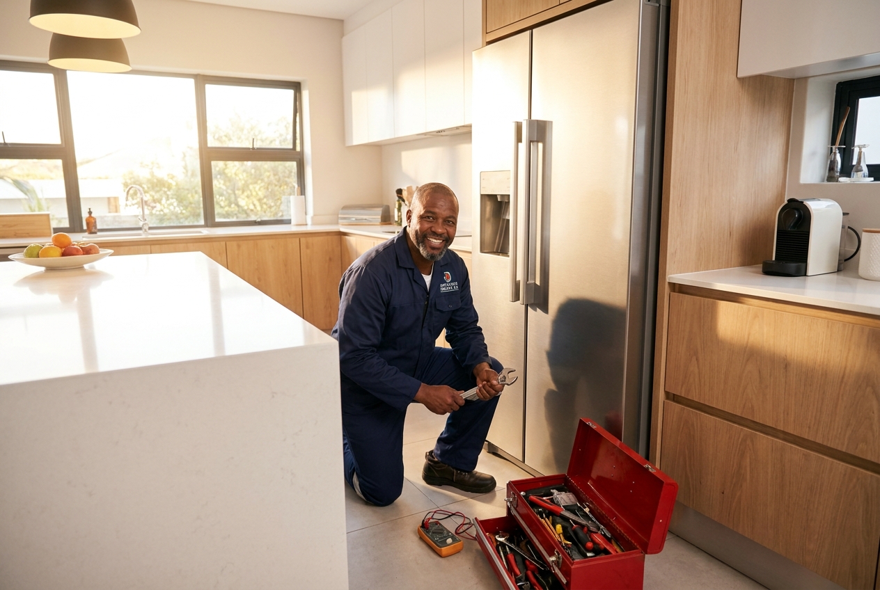 Appliance repair technician fixing a refrigerator in a Gauteng home